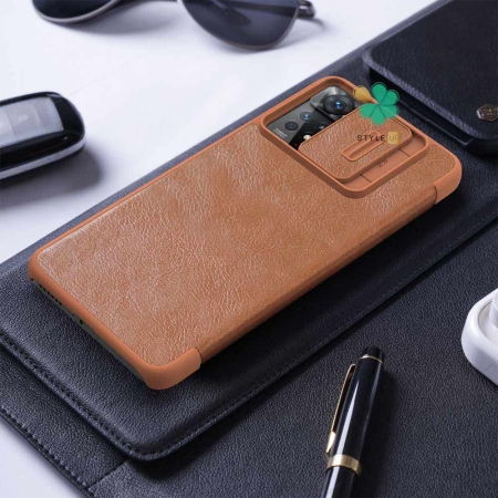 خرید کیف چرم نیلکین گوشی شیائومی Redmi Note 11 Pro مدل Qin Pro رنگ قهوه ای
