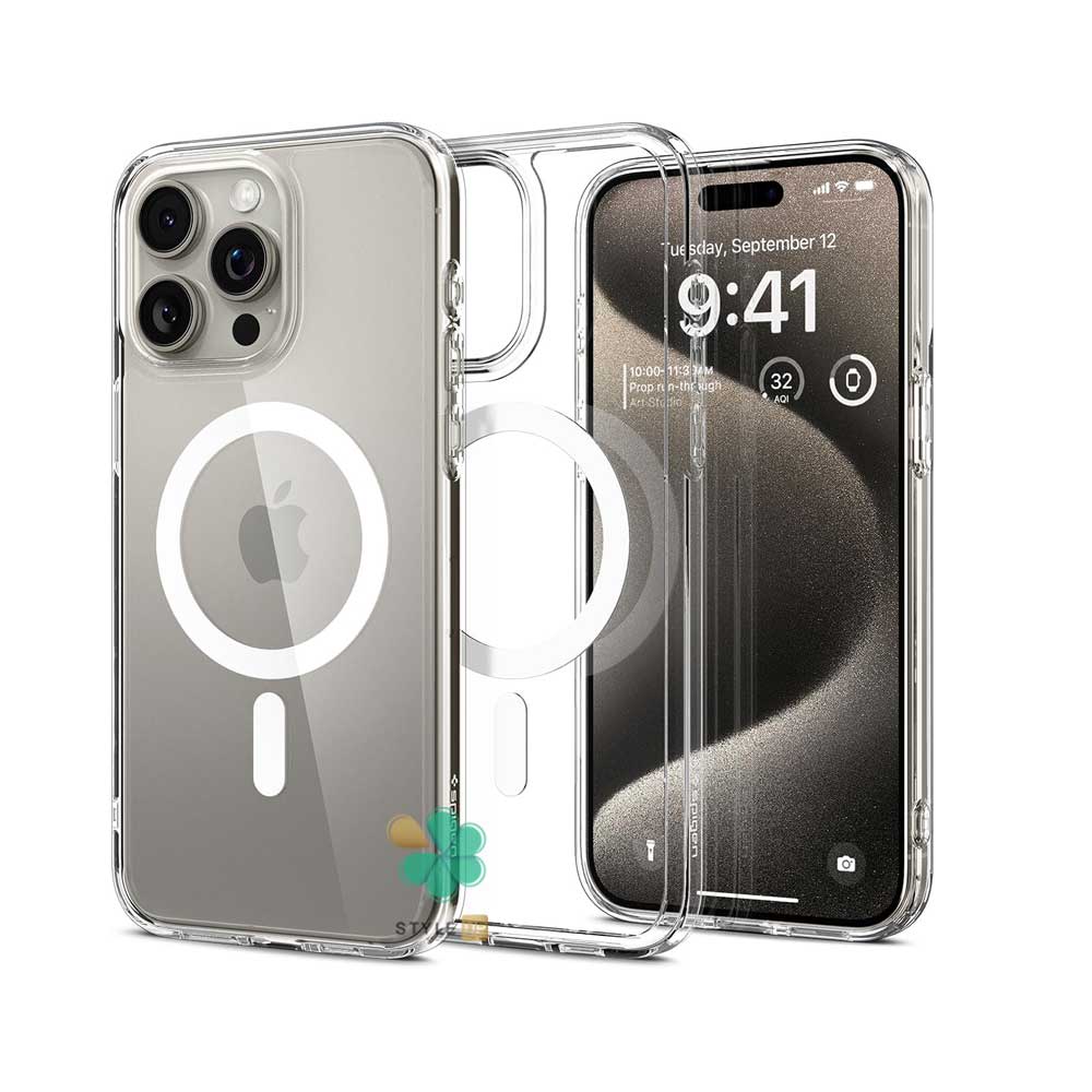 قیمت کاور گوشی مگ سیف دار برند Spigen مناسب iPhone 15 Pro Max شفاف و مقاوم